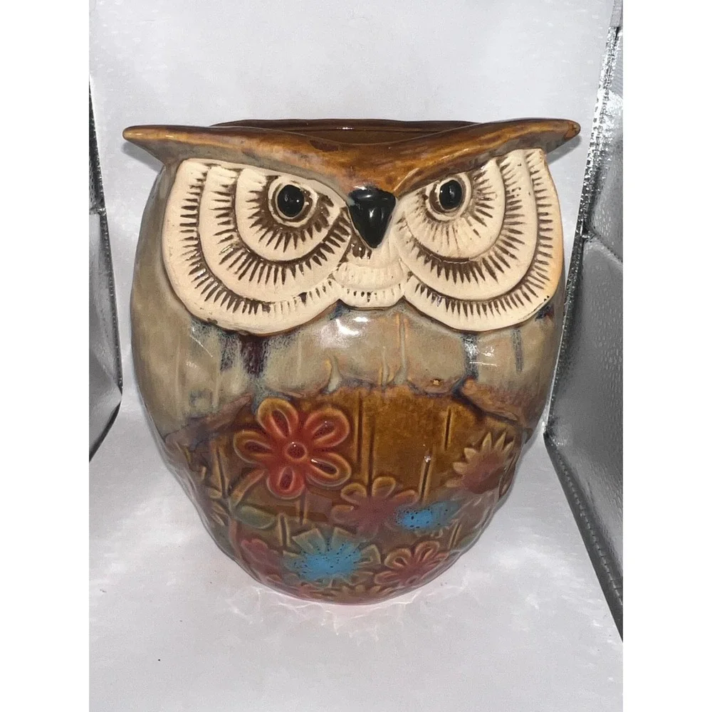 Ashland Stylish Accents Ceramic Owl Vase Planter Brown Floral Embossed 527197